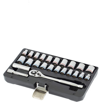 Denzel Tool Kit 24Pcs Socket Set [ Ratchet 3 8 ] [ 75Mm Extension Bar ] Metric And Sae 7714101