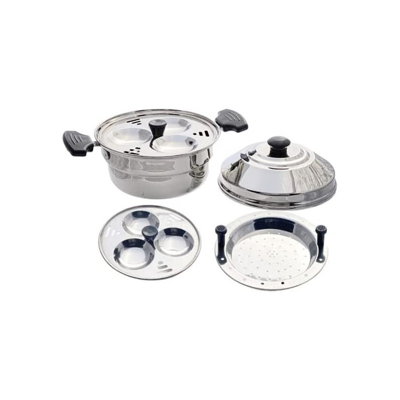 Taj Stainless Steel Idly Pot 6 Pits 2 Plates Silver 18cm
