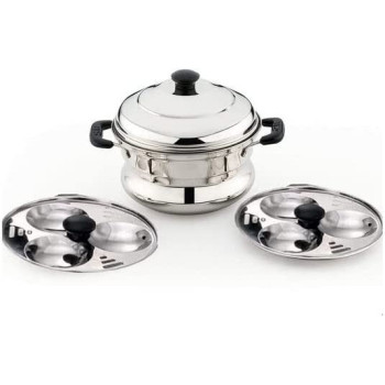 Taj Stainless Steel Idly Steamer Belly Pot 6 Pits 2 Plates Silver 18Cm