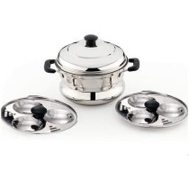 Taj Stainless Steel Idly Steamer Belly Pot 6 Pits 2 Plates Silver 18Cm