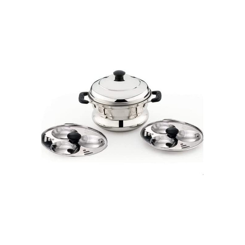 Taj Stainless Steel Idly Steamer Belly Pot 6 Pits 2 Plates Silver 18Cm