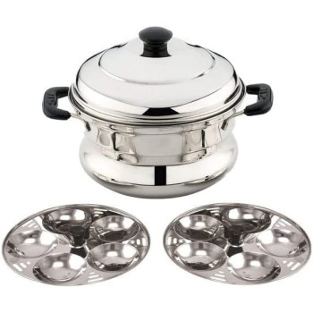 Taj Stainless Steel Idly Steamer Belly Pot 10 Pits 2 Plates Silver 23Cm