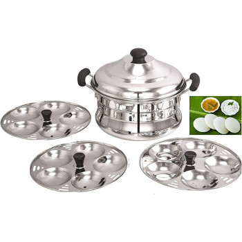 Taj Stainless Steel Idly Steamer Belly Pot 15 Pits 3 Plates Silver 23Cm