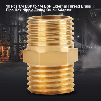 Akozon Hex Nipple Brass Fitting Brass Hex Nipple 1 4 Bsp To 1 4 Bsp External Thread Brass Set Of 10 Pcs