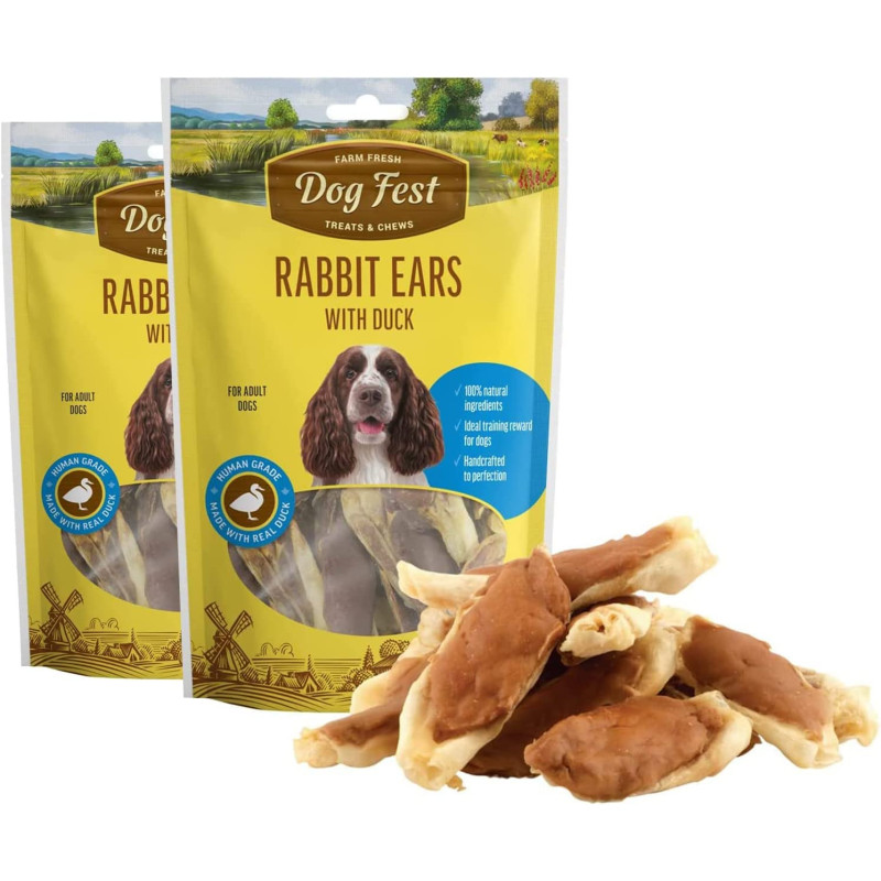 Dog Fest Rabbit Ears With Duck For Adult Dogs Dog Food Treats 90g, 3.17Oz Brown