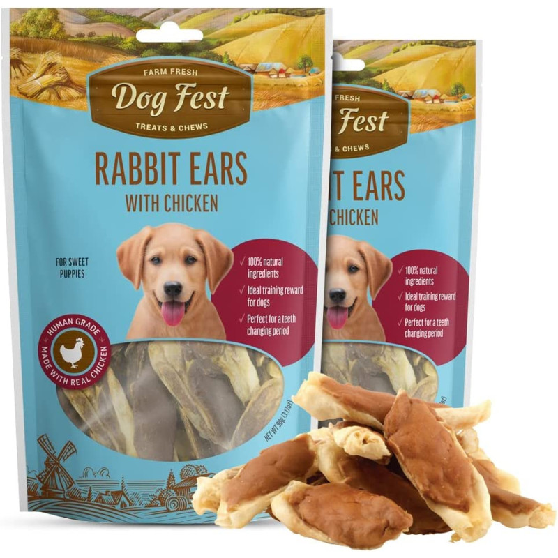 Dog Fest Rabbit Ears With Chicken For Puppies Dog Treats 90G 3.17Oz Brown