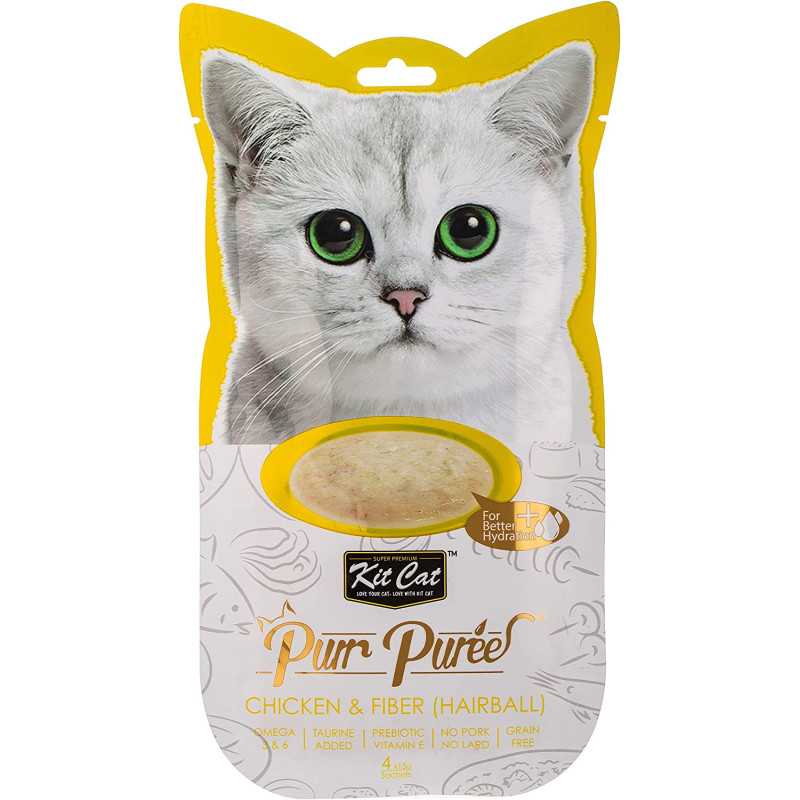 Kit Cat Purr Puree Chicken & Fiber Hairball Wet Cat Treat Tubes 4x15g