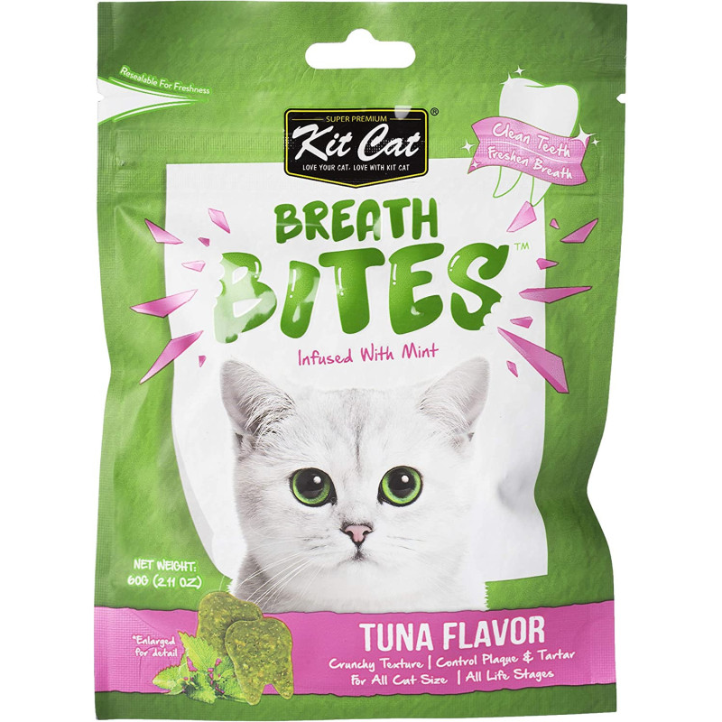 Kitcat Breath Cat Bites Tuna Flavor Green 60g, Cat Oral & Dental Care Bites