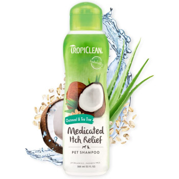 TropiClean Dog Shampoo Grooming Supplies Medicated Itch Relief Dog and Cat Shampoo for Allergies & Itching Derived from Natural Ingredients Used by Groomers Oatmeal & Tea Tree 355ml