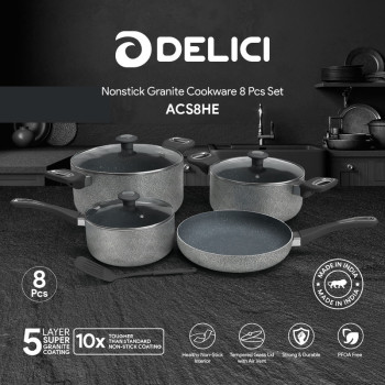 DELICI 8Pcs Nonstick Granite Cookware Set with 5 layer Super Coating - ACS8HE