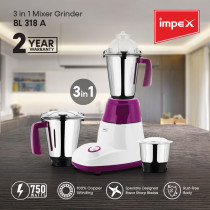 Impex BL 318A 750 Watts 3 In 1 Mixer Grinder With ABS Body, Purple