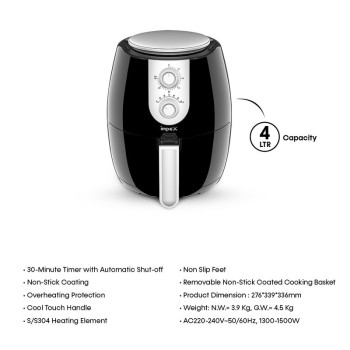 Impex AF 4305 4 Ltr Mechanical Air Fryer with Cool Touch Handle and Non-stick Coating