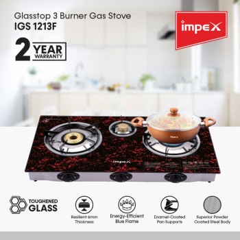 Impex IGS 1213F Auto Ignition 3 Burner LP Gas Stove With Toughened Glass Long Life Spill Tray