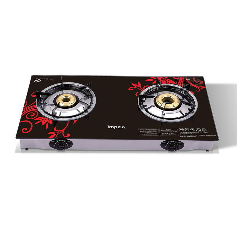 Impex IGS 1212F 2 Stainless Steel Burner Lp Gas Stove 6mm Thick Toughened Glass Auto Ignition Switch
