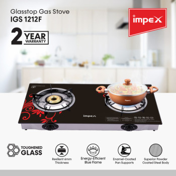 Impex IGS 1212F 2 Stainless Steel Burner Lp Gas Stove 6mm Thick Toughened Glass Auto Ignition Switch