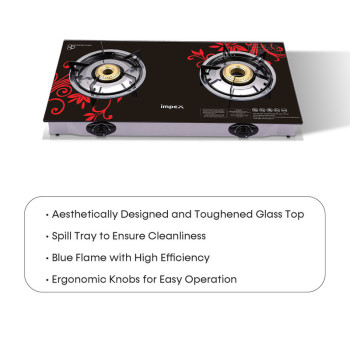 Impex IGS 1212F 2 Stainless Steel Burner Lp Gas Stove 6mm Thick Toughened Glass Auto Ignition Switch