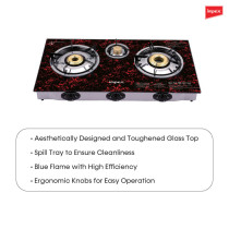 Impex IGS 1233FD 3 Burners Glass Top Gas Stove with Toughened Glass Top