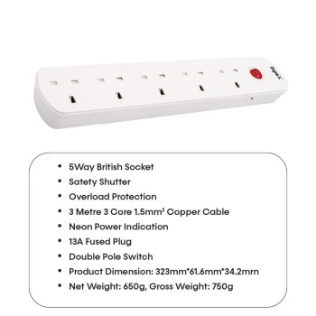 Impex PS 7405 3m Power Socket with Overload Protector