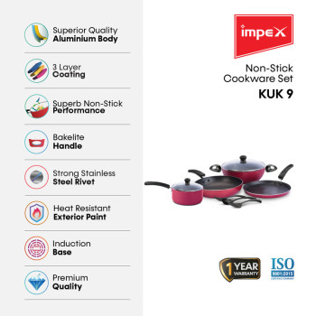 Impex KUK 9 Pcs Nonstick Cookware Set (Kadai Pan, Fry Pan, Tawa Pan, Milk Pan, Glass Lid and Spatula)