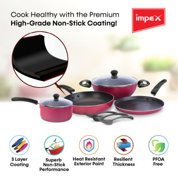 Impex KUK 9 Pcs Nonstick Cookware Set (Kadai Pan, Fry Pan, Tawa Pan, Milk Pan, Glass Lid and Spatula)