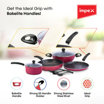 Impex KUK 9 Pcs Nonstick Cookware Set (Kadai Pan, Fry Pan, Tawa Pan, Milk Pan, Glass Lid and Spatula)