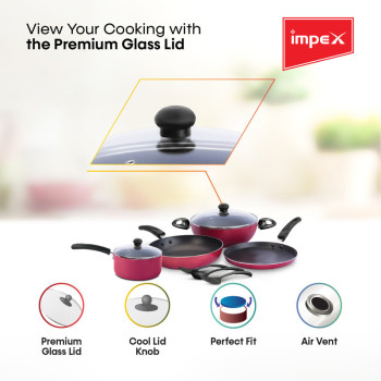 Impex KUK 9 Pcs Nonstick Cookware Set (Kadai Pan, Fry Pan, Tawa Pan, Milk Pan, Glass Lid and Spatula)