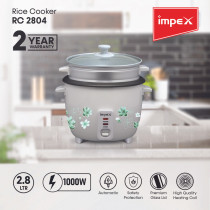 Impex RC 2804 2.8 Liter 1000W Drum Rice Cooker with Steamer featuring Safety Protection