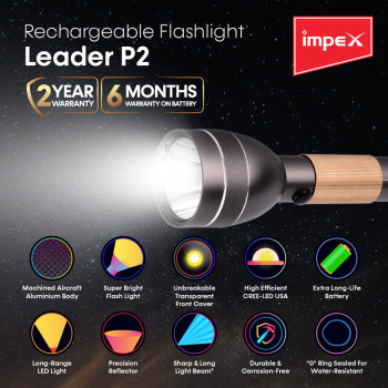 Impex LEADER P2 1500mAh Rechargeable LED Flashlight featuring Water Proof