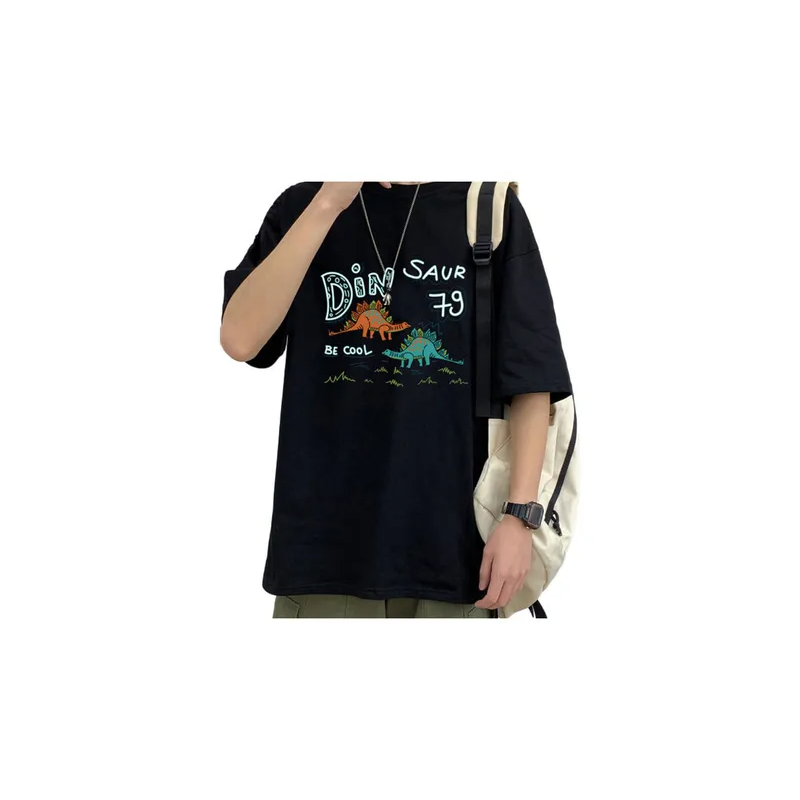 Cartoon Dinosaur Printed Loose Soft Tshirt Black