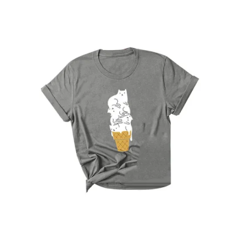 Cartoon Cat Ice Cream Print Summer Tshirt Grey