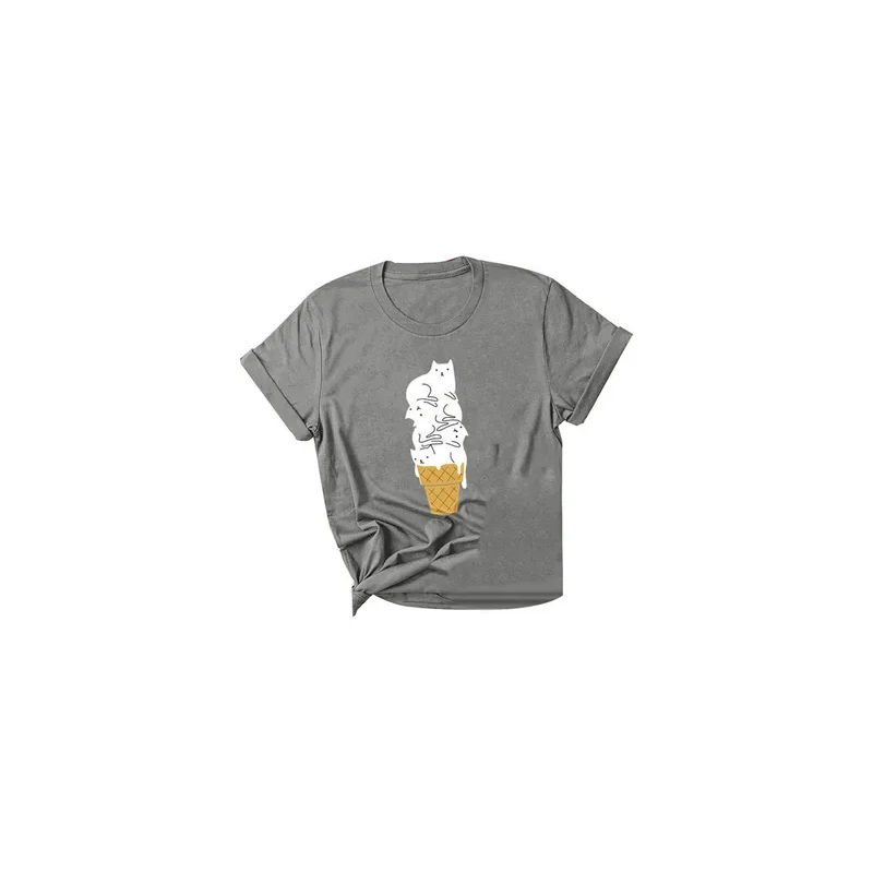 Cartoon Cat Ice Cream Print Summer Tshirt Grey