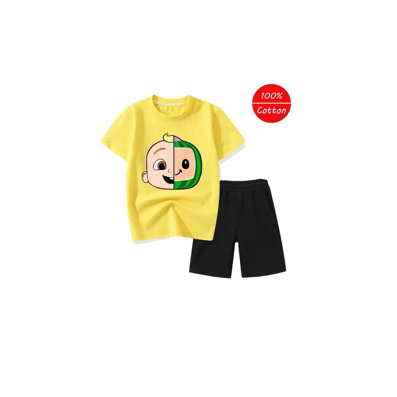 Cocomelon Cartoon Baby Face Short Sleeve Round Neck Yellow Tshirt Black Short Kids Set