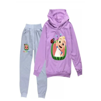 Cocomelon Set Printed Hoodie and Pants For Kids GreyPurple