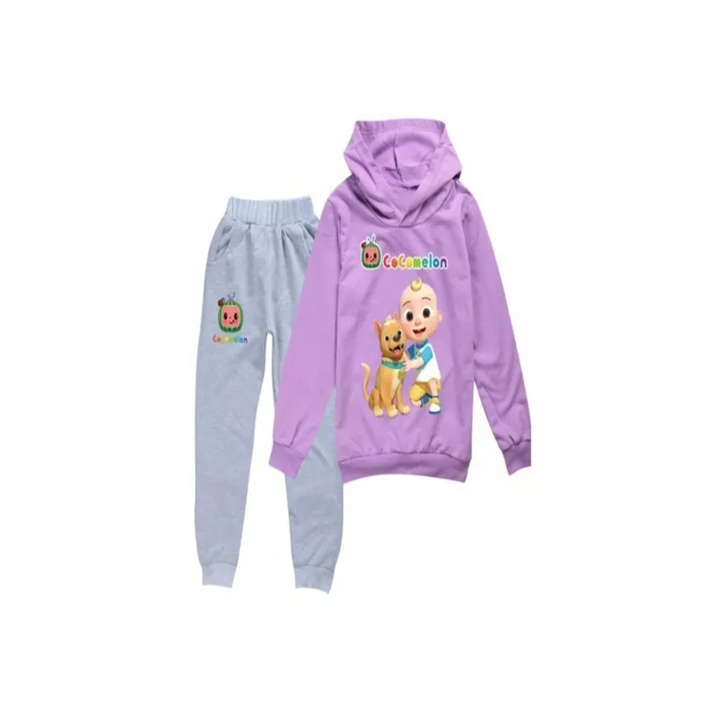 Cocomelon Sets Kids Clothing Autumn Spring Printed Hoodie and Pants GreyLight Purple
