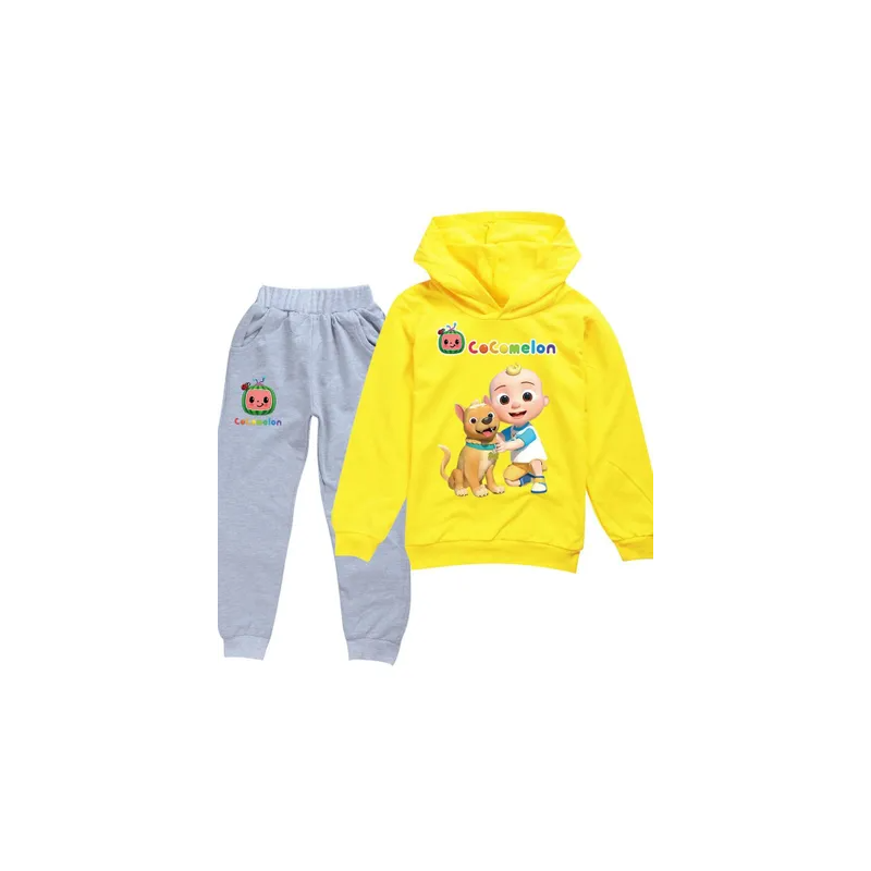 Cocomelon Sets Kids Clothing Autumn Spring Printed Hoodie and Pants GreyYellow