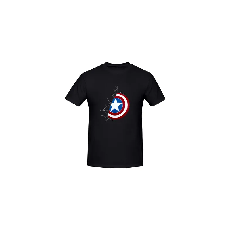 Comics 3D Captain America Shield Wall Printed Cotton Short Sleeve Tshirt Black