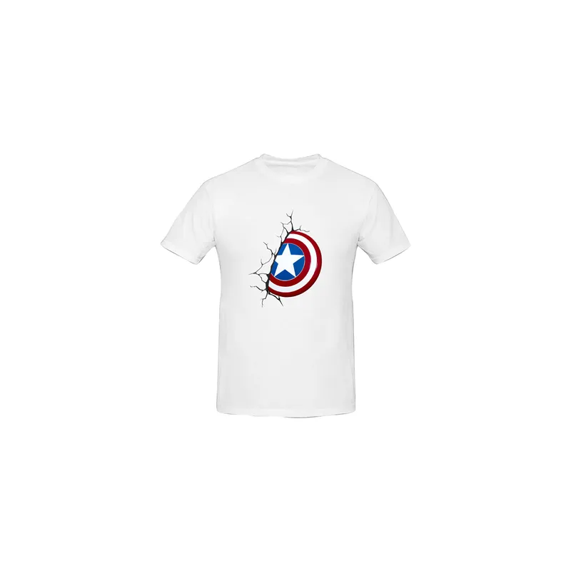 Comics 3D Captain America Shield Wall Printed Cotton Short Sleeve Tshirt White