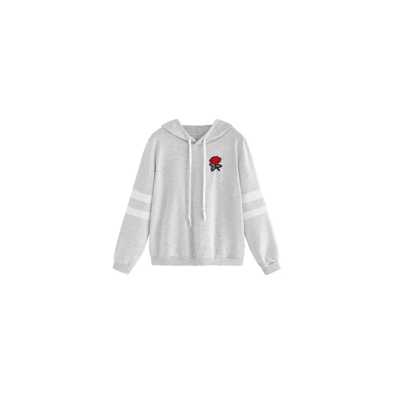 Embroidery Patch Rose Design Grey Hoodie For Unisex Adult