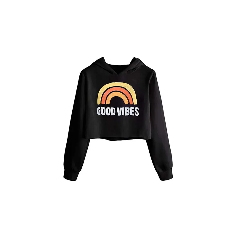 Girls Unicorn Good Vibes Crop Tops Kids Cute Hoodies Long Sleeves Sweatshirts