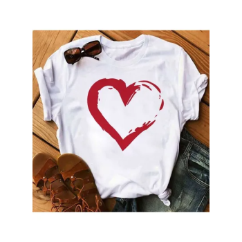 Heart Printed Round Neck Short Sleeve Female White T-Shirt