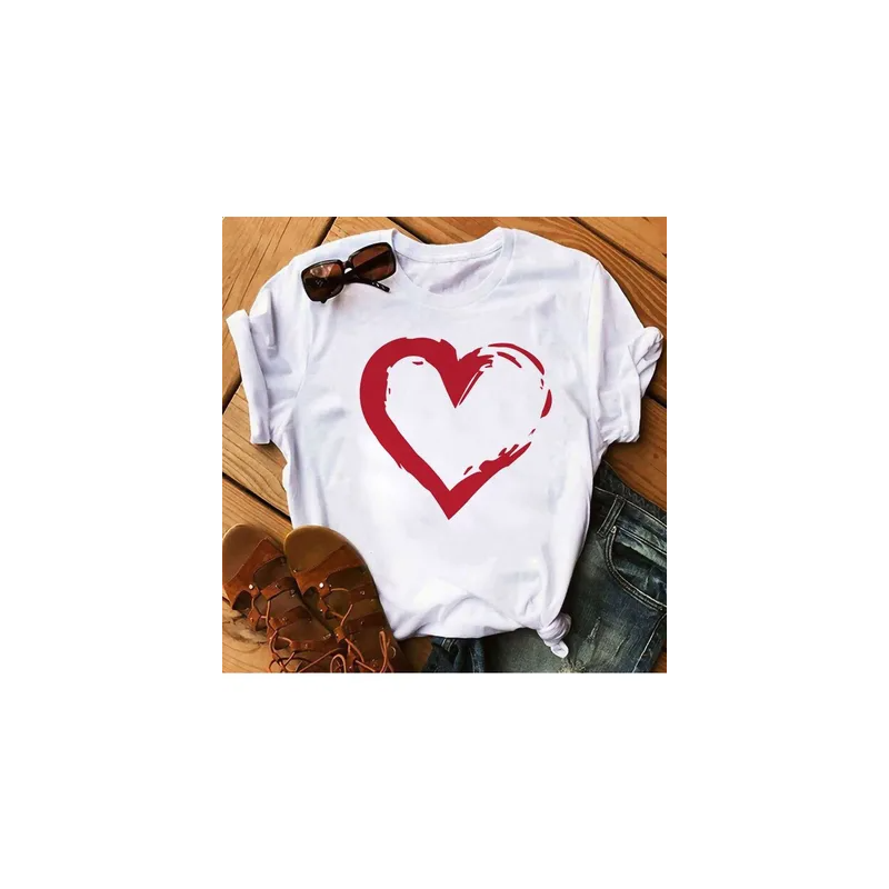 Heart Printed Round Neck Short Sleeve Female White T-Shirt