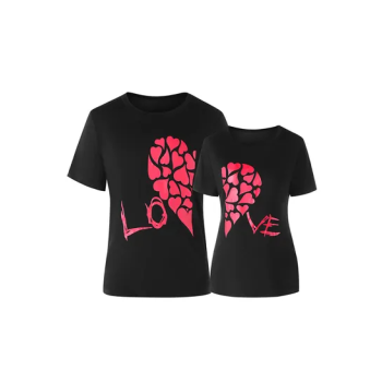 Heart Print Valentines Day Matching Couple T-Shirt, Black/Pink