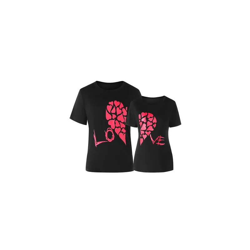 Heart Print Valentines Day Matching Couple T-Shirt, Black/Pink