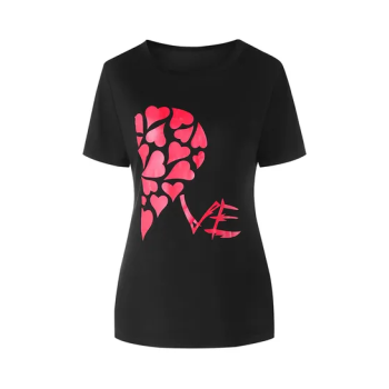 Heart Print Valentines Day Matching Couple T-Shirt, Black/Pink