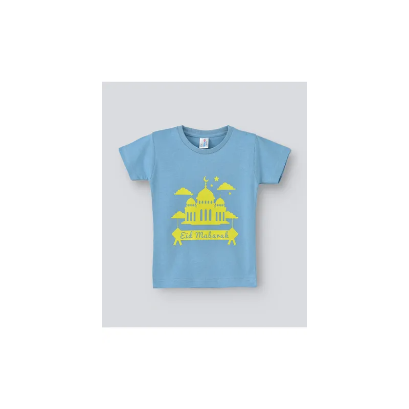 babyqlo Eid Mubarak Round Neck Tshirt Sky BlueYellow