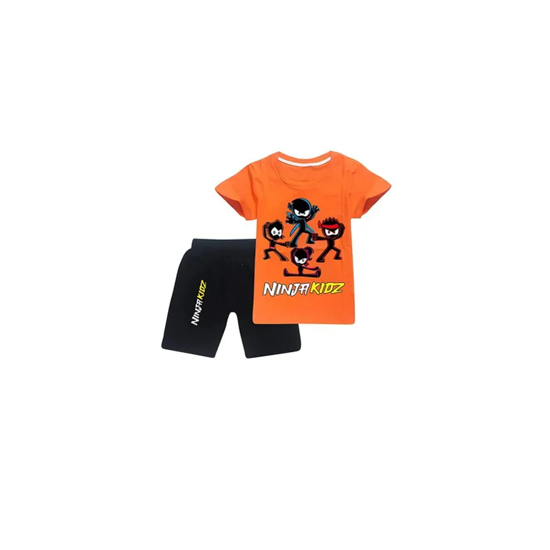 Ninja Kids Cartoon Unisex Summer Short Sleeve Orange T-Shirt Black Shorts Set