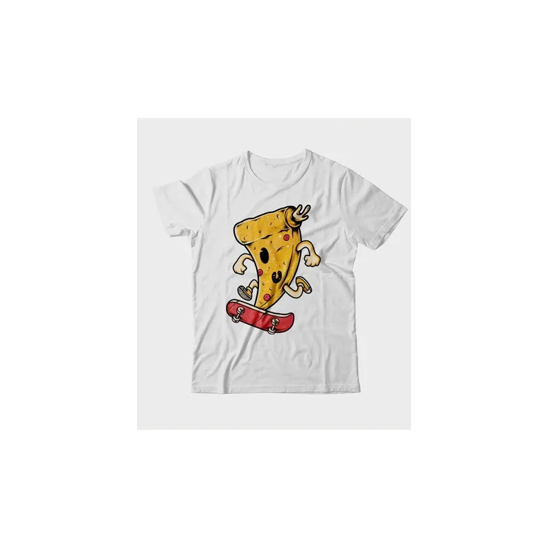 Pizza Boarding Graphics Crew Neck Short Unisex Sleeve WhiteT-shirt