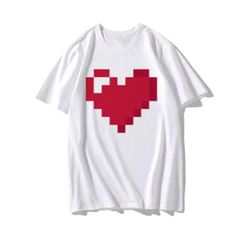 Pixel Art Heart Printed Round Neck Short Sleeve T-shirt