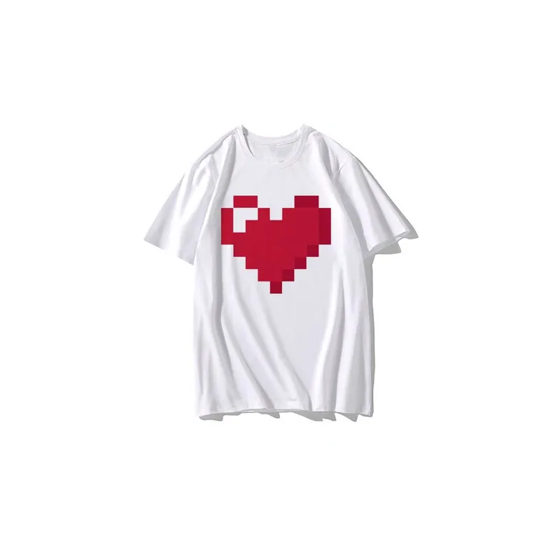 Pixel Art Heart Printed Round Neck Short Sleeve T-shirt