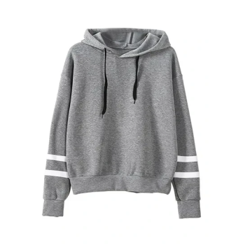 Hooded Neck Long Sleeves Contrast Stripes Hoodie Grey